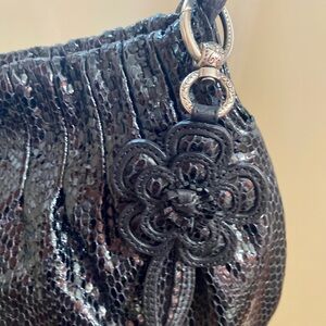 Brighton Black leather python snake with flower charm bohemian purse bag